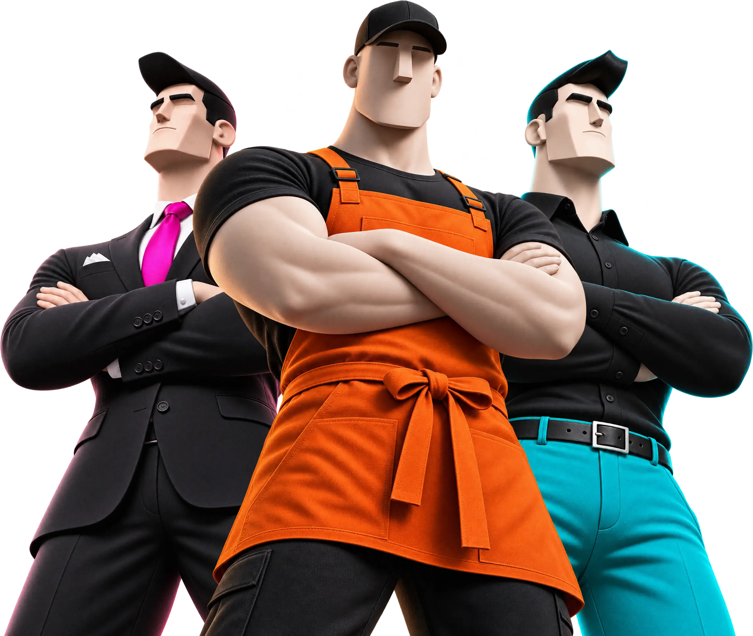 I tre personaggi Fortyone a braccia incrociate: il sistema Essential, Growth e Scale.